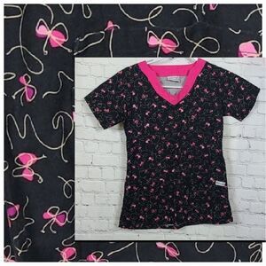 Medical Scrubs Top Black V-Neck Pink Scribble Bow Print Small Scrub Uniform